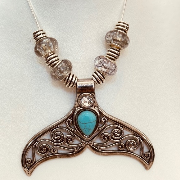 925 Sterling Silver Chain w/Whale/Mermaid Tail, Howlite & Cz. Pale Blue Beads. - Picture 1 of 4